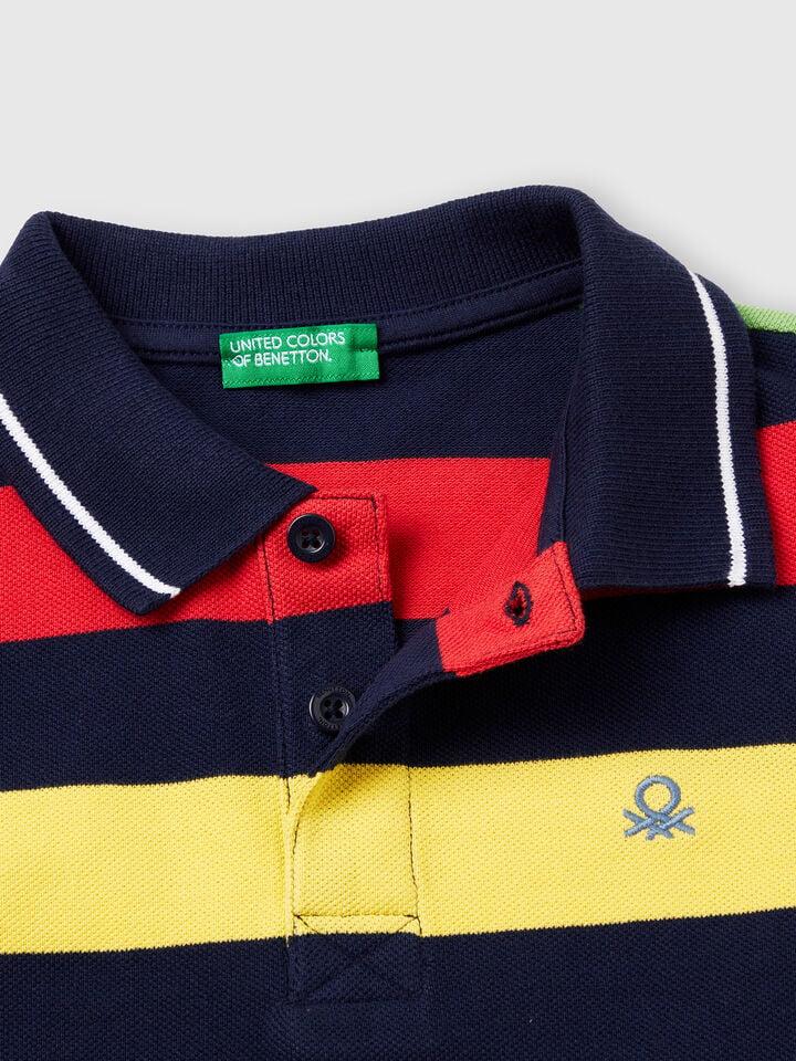 Benetton Striped Short Sleeve Polo Shirt Dark Blue