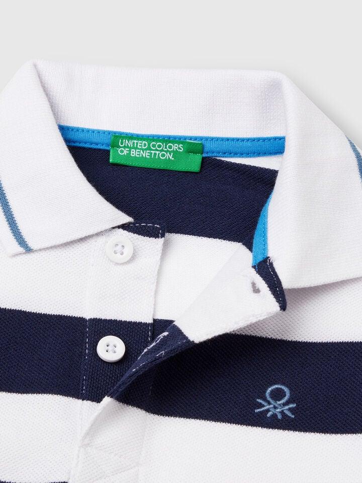 Benetton Striped Short Sleeve Polo Shirt Dark Blue