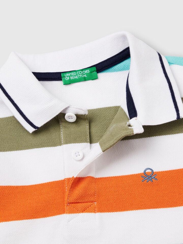 Benetton Striped Short Sleeve Polo Shirt Orange