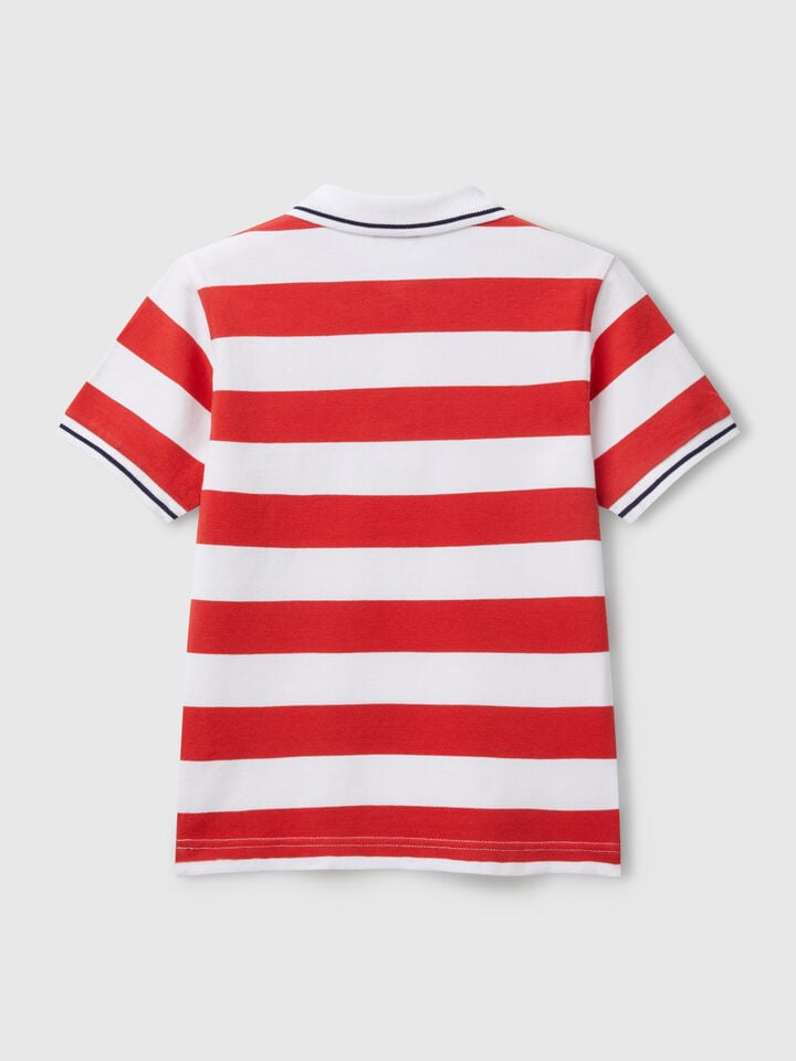 Benetton Striped Short Sleeve Polo Shirt Red