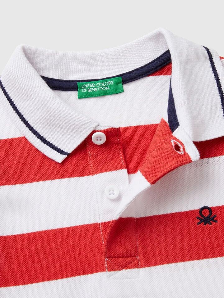Benetton Striped Short Sleeve Polo Shirt Red