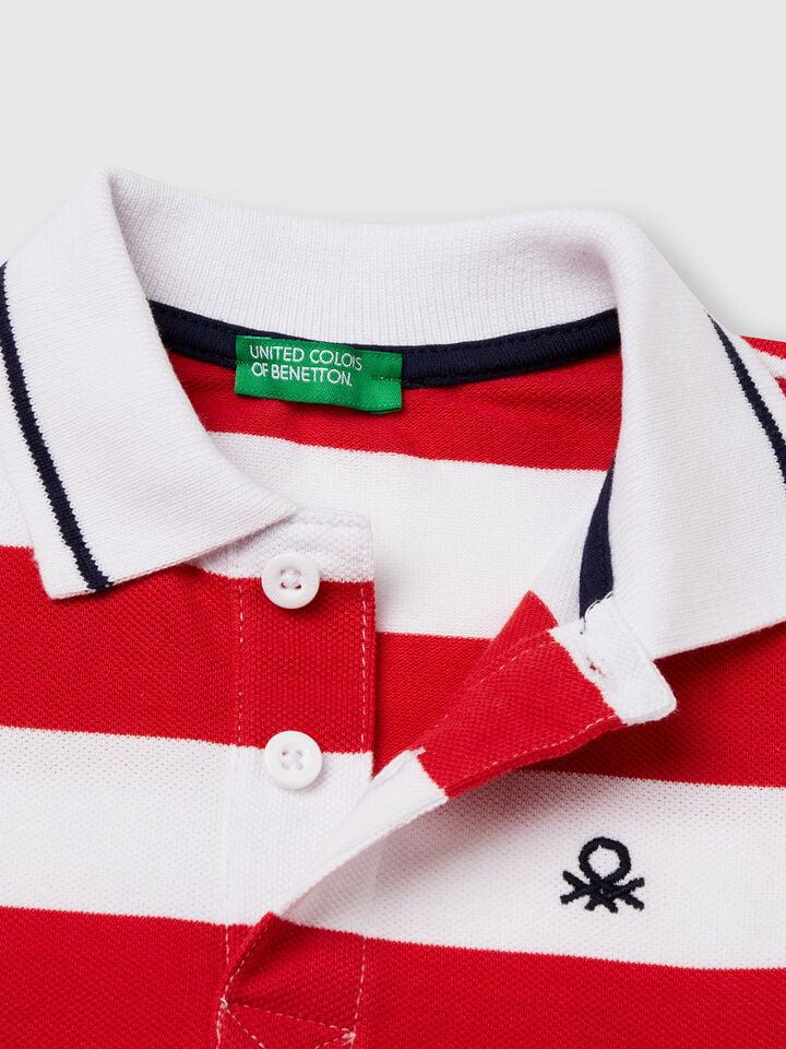 Benetton Striped Short Sleeve Polo Shirt Red