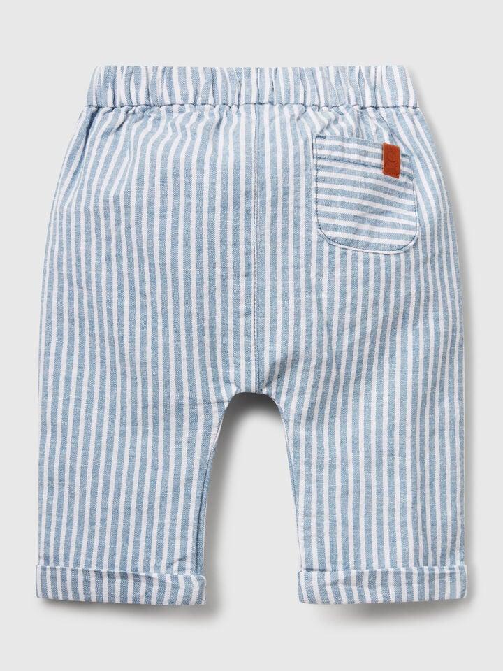 Benetton Striped Trousers In Pure Linen Blue