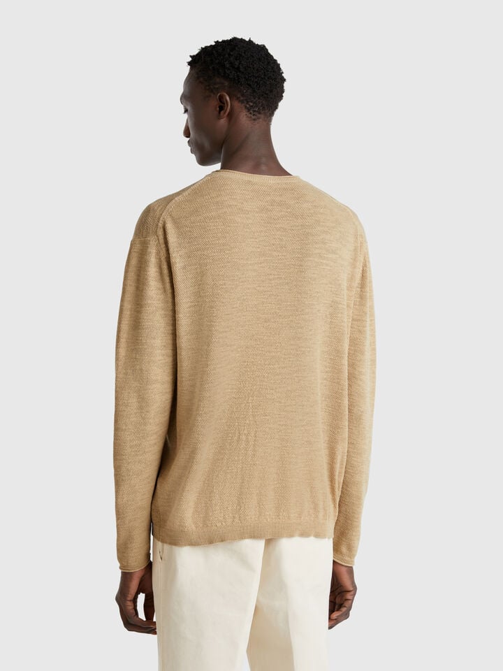 Benetton Sweater In Linen And Cotton Blend Camel