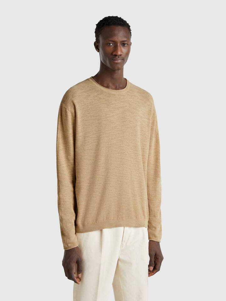 Benetton Sweater In Linen And Cotton Blend Camel