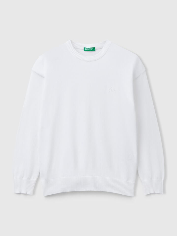Benetton Sweater In Pure Cotton With Logo White