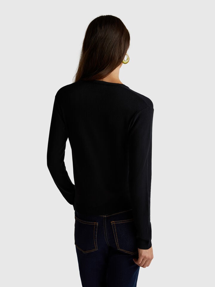 Benetton Sweater With V-neck In Pure Cotton Black