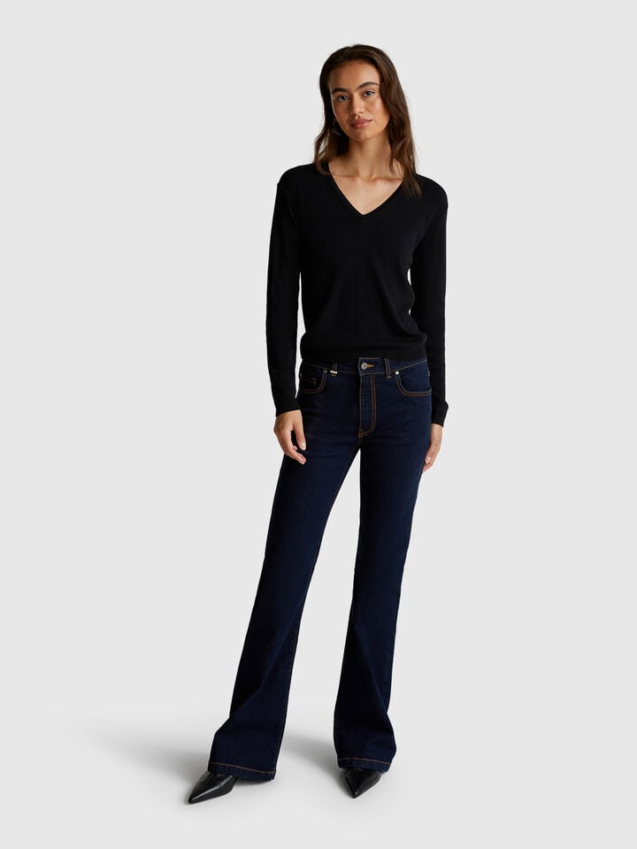 Benetton Sweater With V-neck In Pure Cotton Black