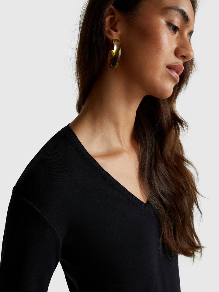 Benetton Sweater With V-neck In Pure Cotton Black