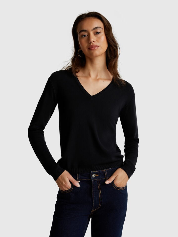 benetton Sweater with V-neck in pure cotton Black
