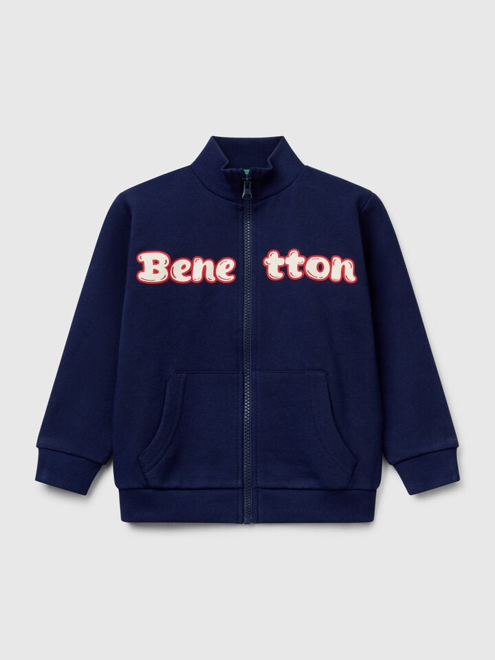 Benetton Sweatshirt In Cotton With Zip Dark Blue