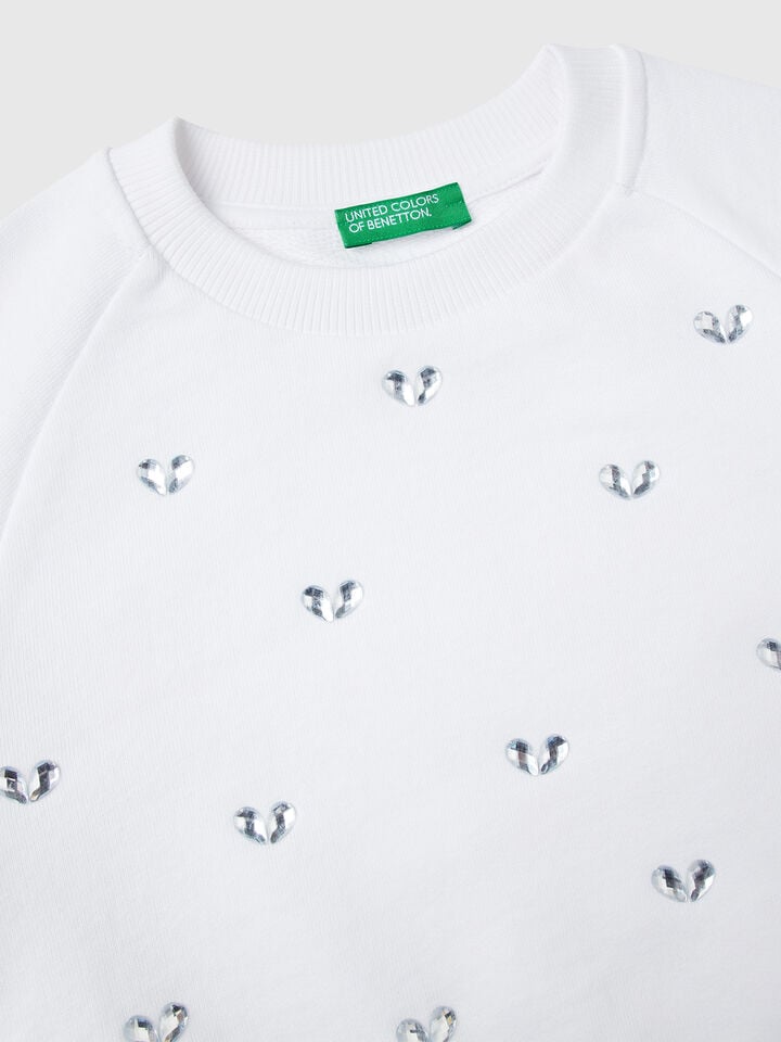 Benetton Sweatshirt With Heart Rhinestones White
