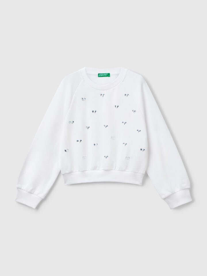 Benetton Sweatshirt With Heart Rhinestones White