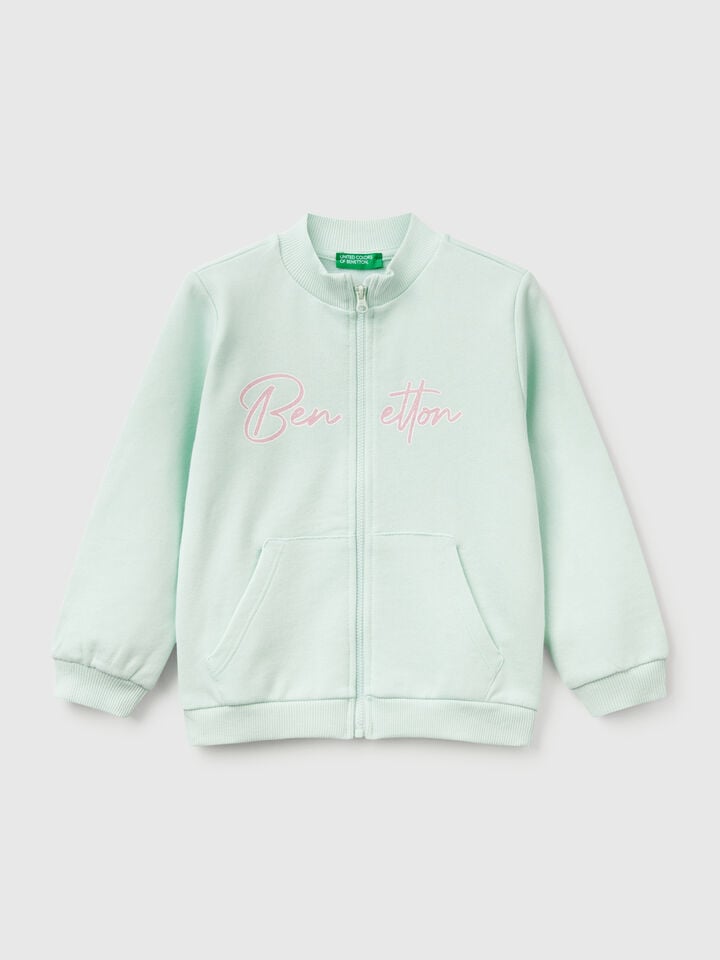 Benetton Sweatshirt With Zip In Cotton Aqua