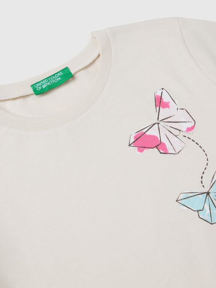 Benetton T-shirt In Cotton With Glitter Beige