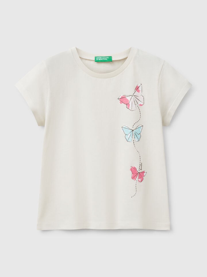 Benetton T-shirt In Cotton With Glitter Beige
