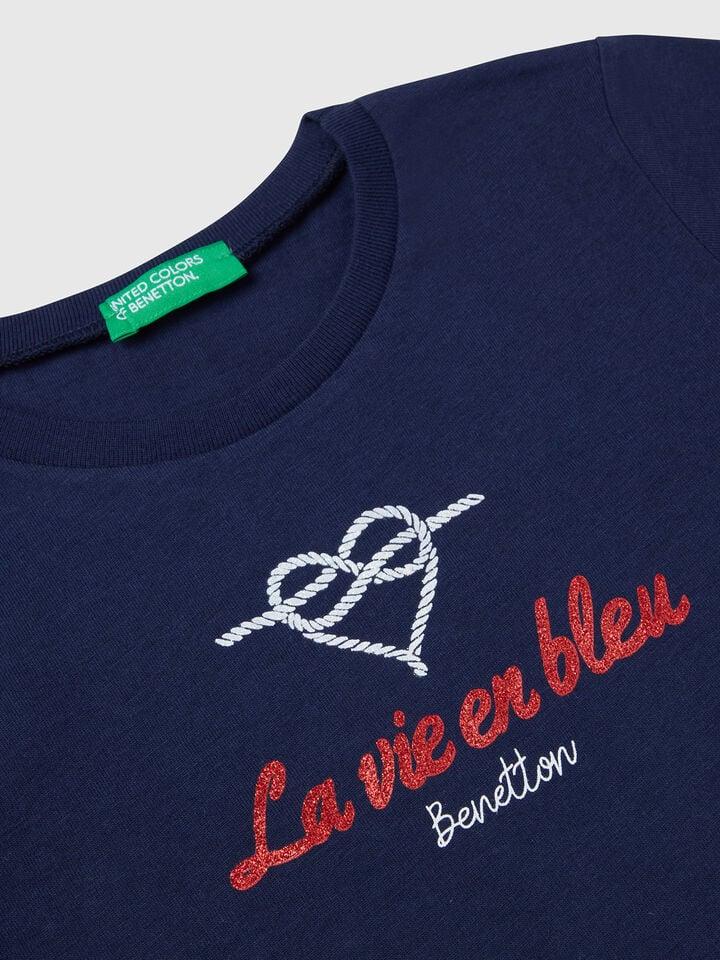 Benetton T-shirt In Cotton With Glitter Dark Blue