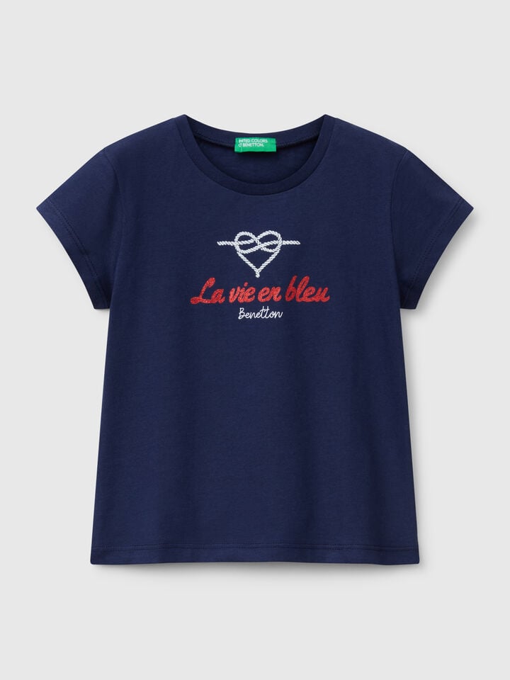 Benetton T-shirt In Cotton With Glitter Dark Blue