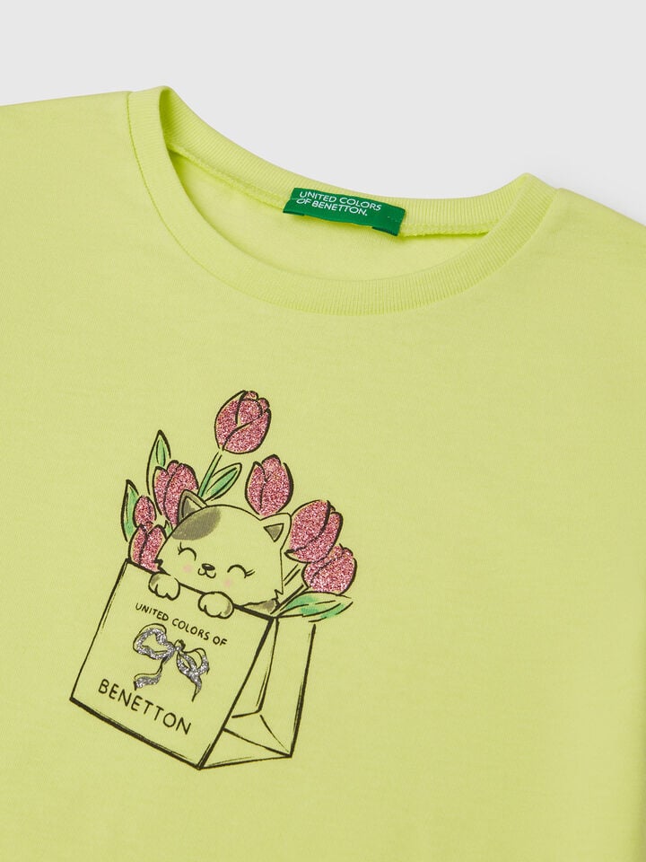 Benetton T-shirt In Cotton With Glitter Yellow
