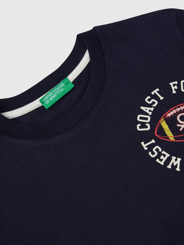 Benetton T-shirt In Cotton With Print Dark Blue