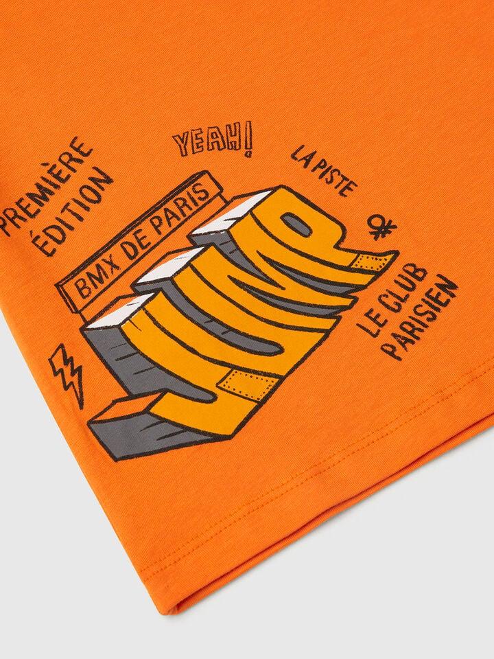 Benetton T-shirt In Cotton With Print Orange