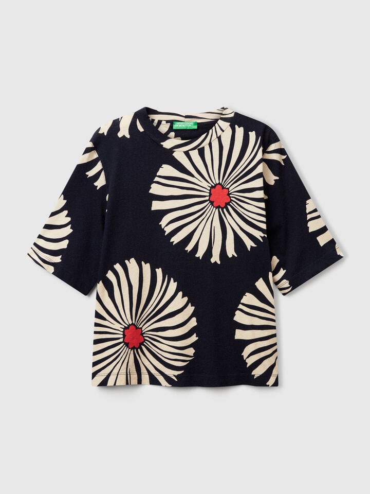 Benetton T-shirt With Floral Pattern Blue