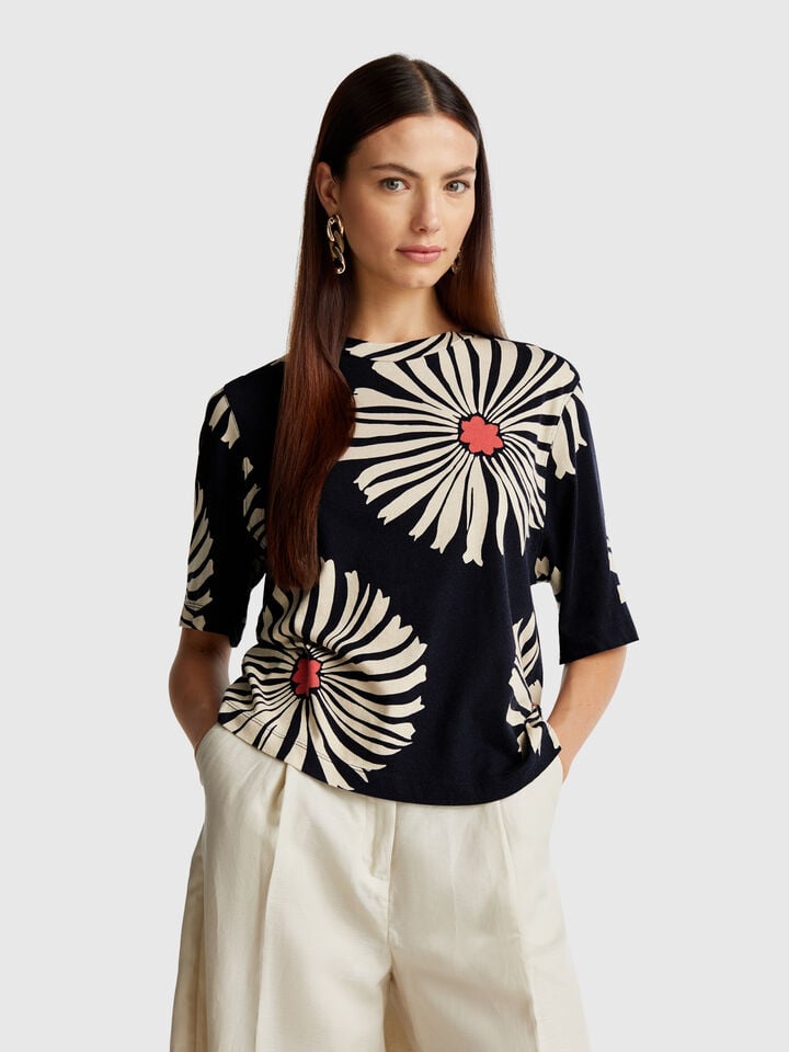 benetton T-shirt with floral pattern Blue
