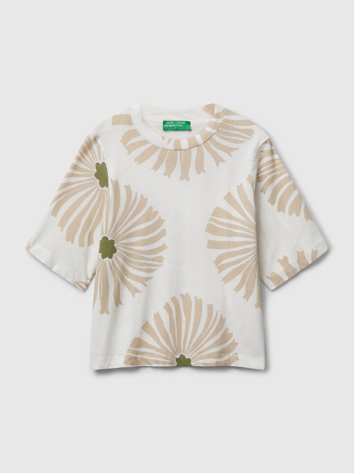 Benetton T-shirt With Floral Pattern Creamy White