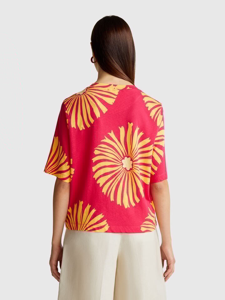 Benetton T-shirt With Floral Pattern Fuchsia