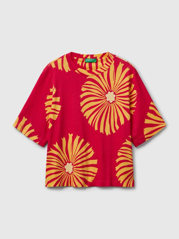 Benetton T-shirt With Floral Pattern Fuchsia