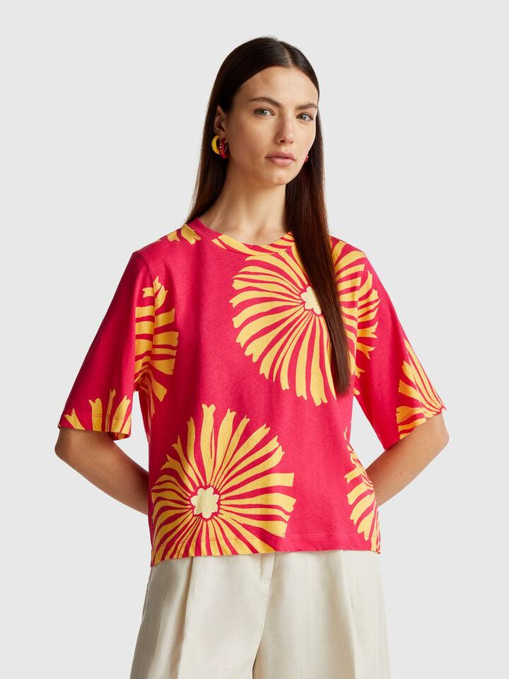 benetton T-shirt with floral pattern Fuchsia