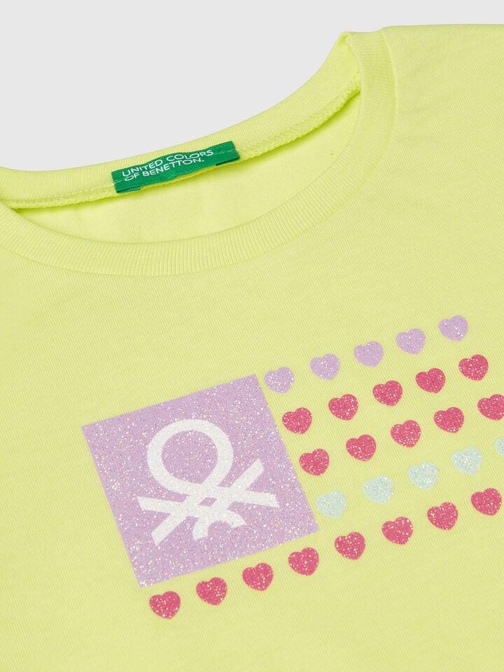 Benetton T-shirt With Glitter Print Lime