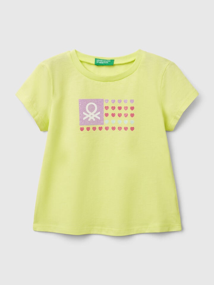Benetton T-shirt With Glitter Print Lime