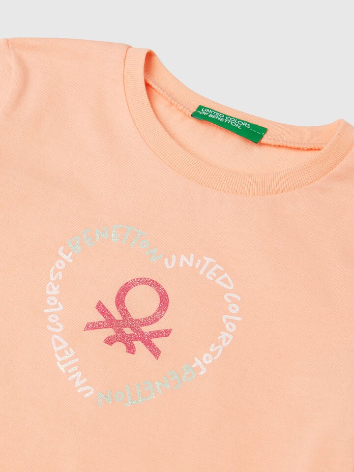 Benetton T-shirt With Glitter Print Peach