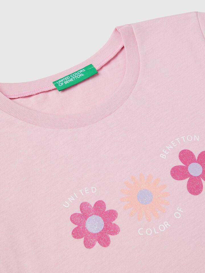 Benetton T-shirt With Glitter Print Pink