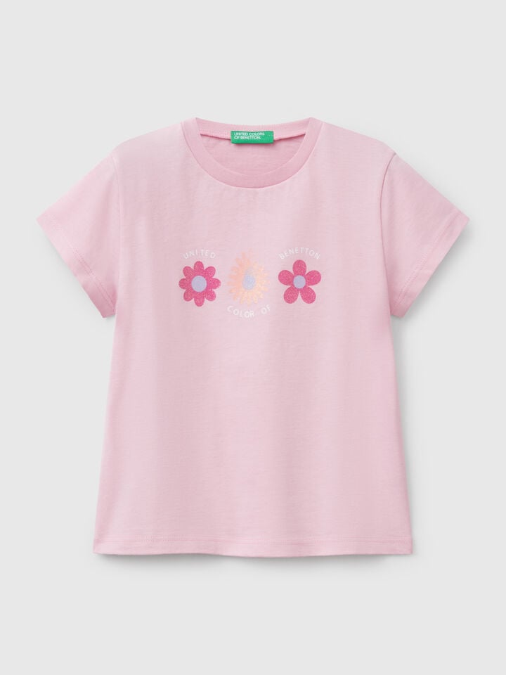 benetton T-shirt with glitter print Pink