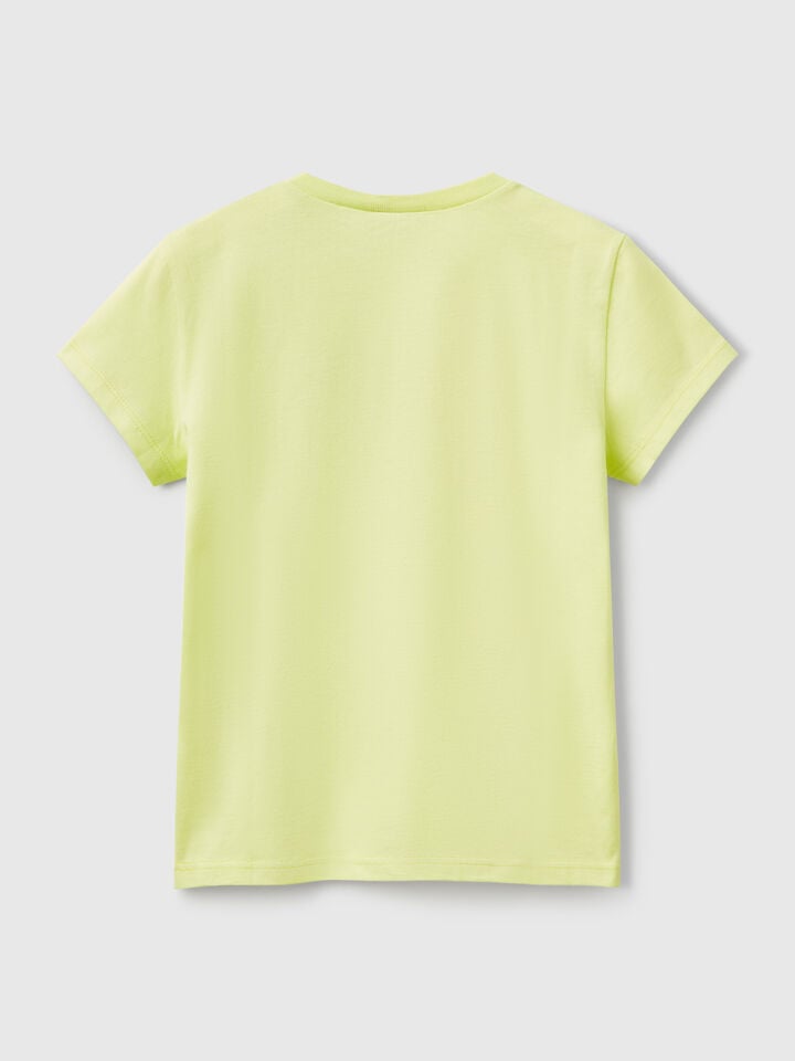 Benetton T-shirt With Glittery Logo In Cotton Lime