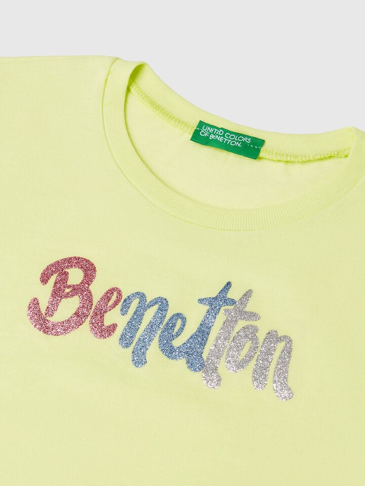 Benetton T-shirt With Glittery Logo In Cotton Lime