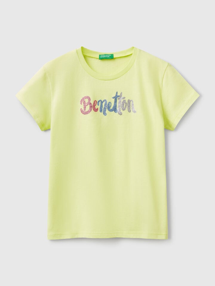 Benetton T-shirt With Glittery Logo In Cotton Lime