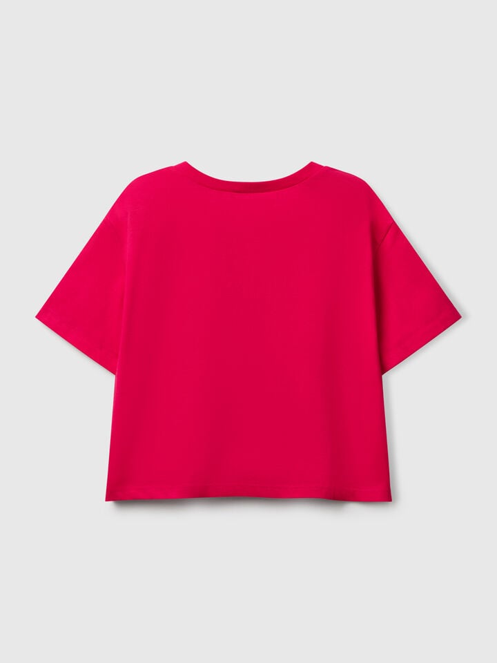Benetton T-shirt With Glittery Print Fuchsia