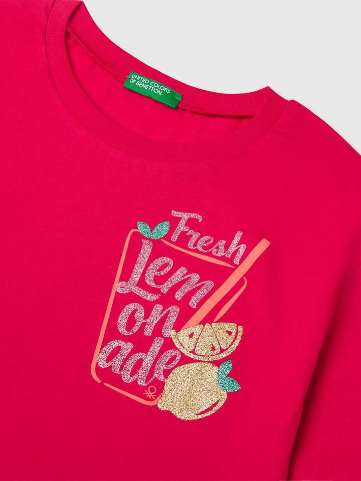 Benetton T-shirt With Glittery Print Fuchsia