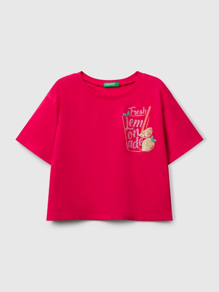 Benetton T-shirt With Glittery Print Fuchsia