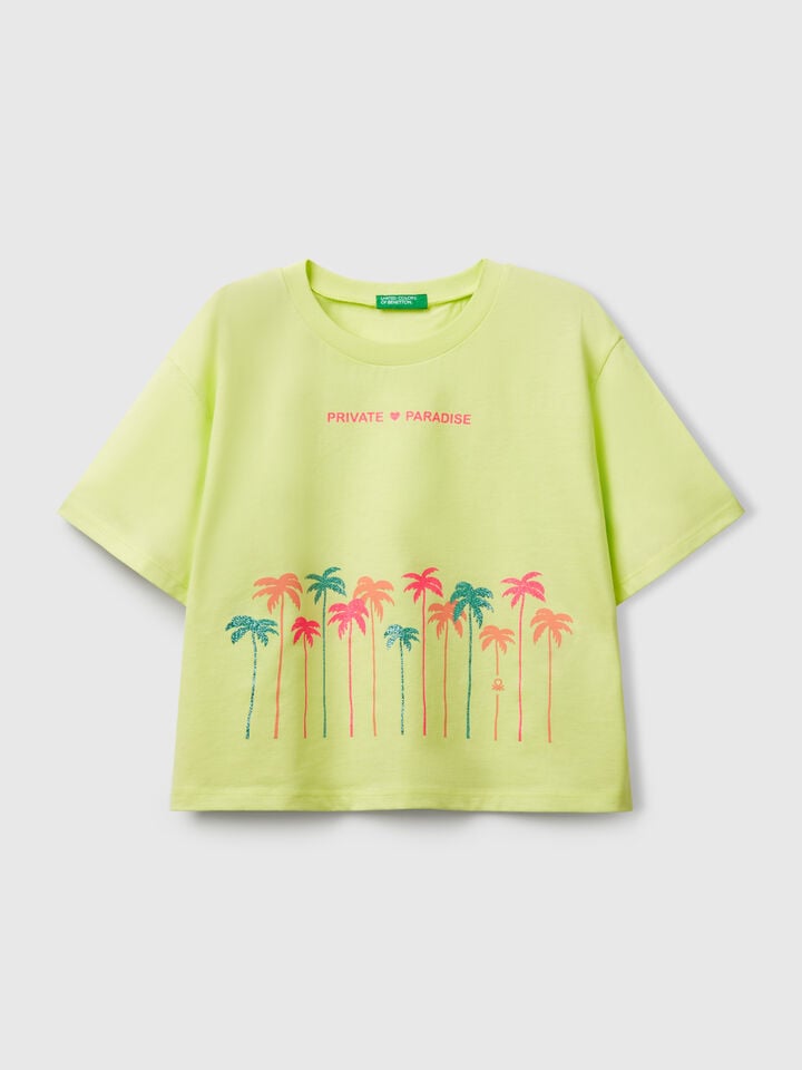 benetton T-shirt with glittery print Lime