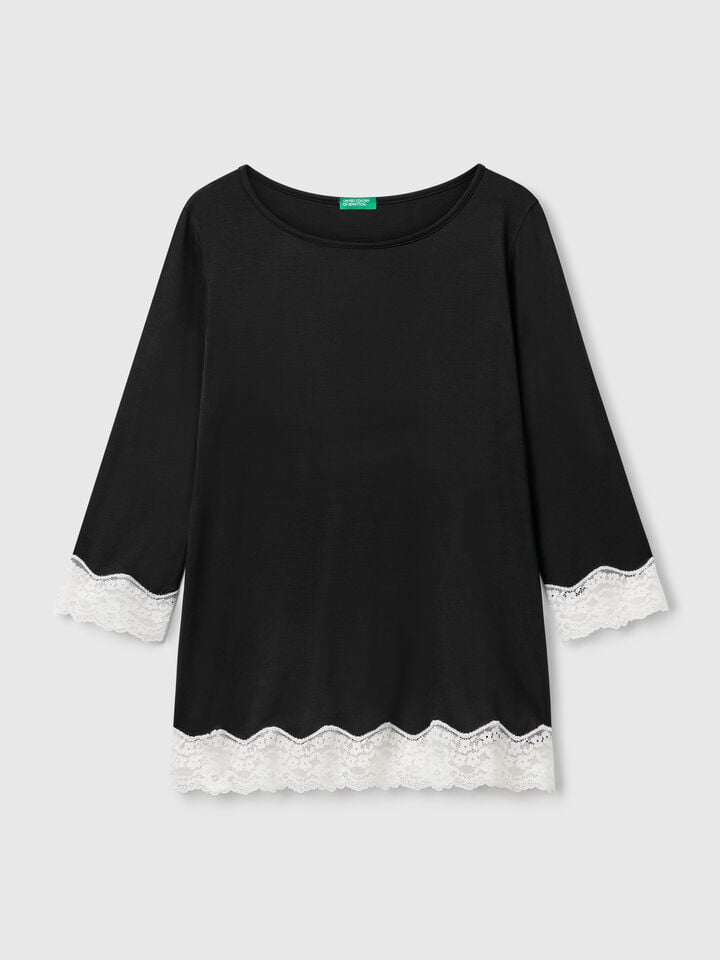 Benetton T-shirt With Lace Detail Black