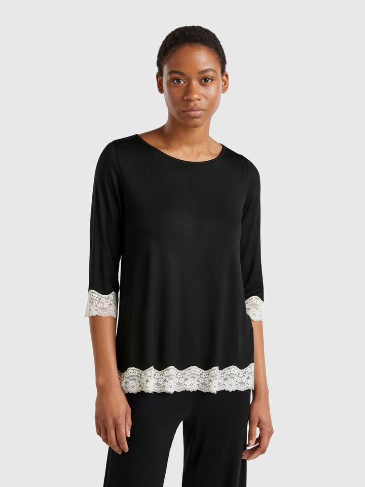 benetton T-shirt with lace detail Black