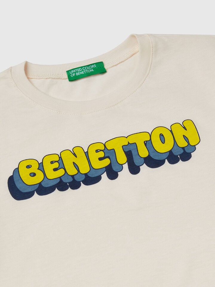 Benetton T-shirt With Logo Print Creamy White