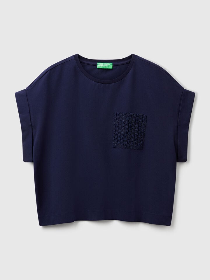 Benetton T-shirt With Macramè Pocket Dark Blue