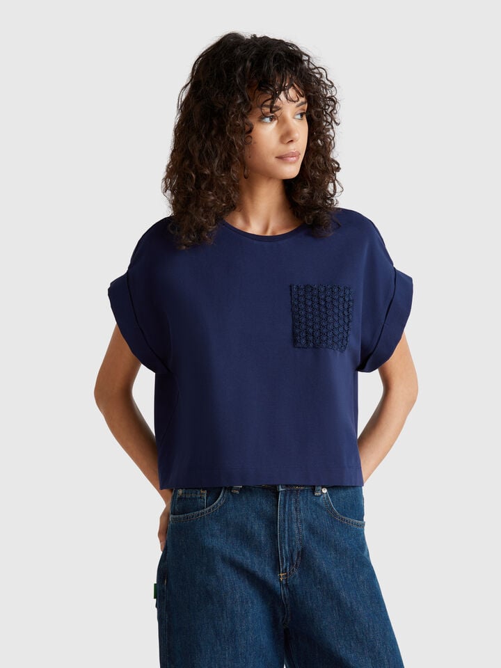 benetton T-shirt with macramè pocket Dark Blue