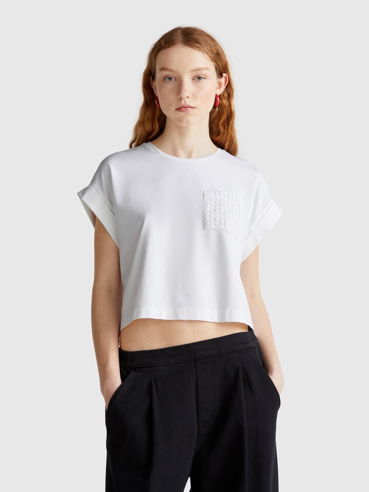 benetton T-shirt with macramè pocket White