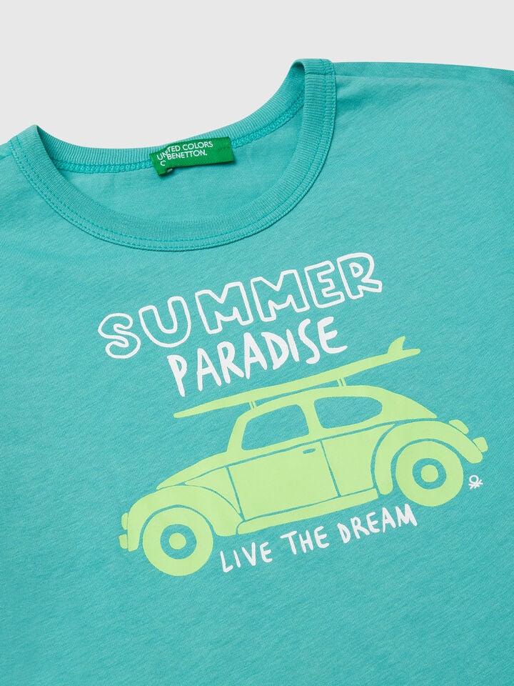 Benetton T-shirt With Neon Print Aqua